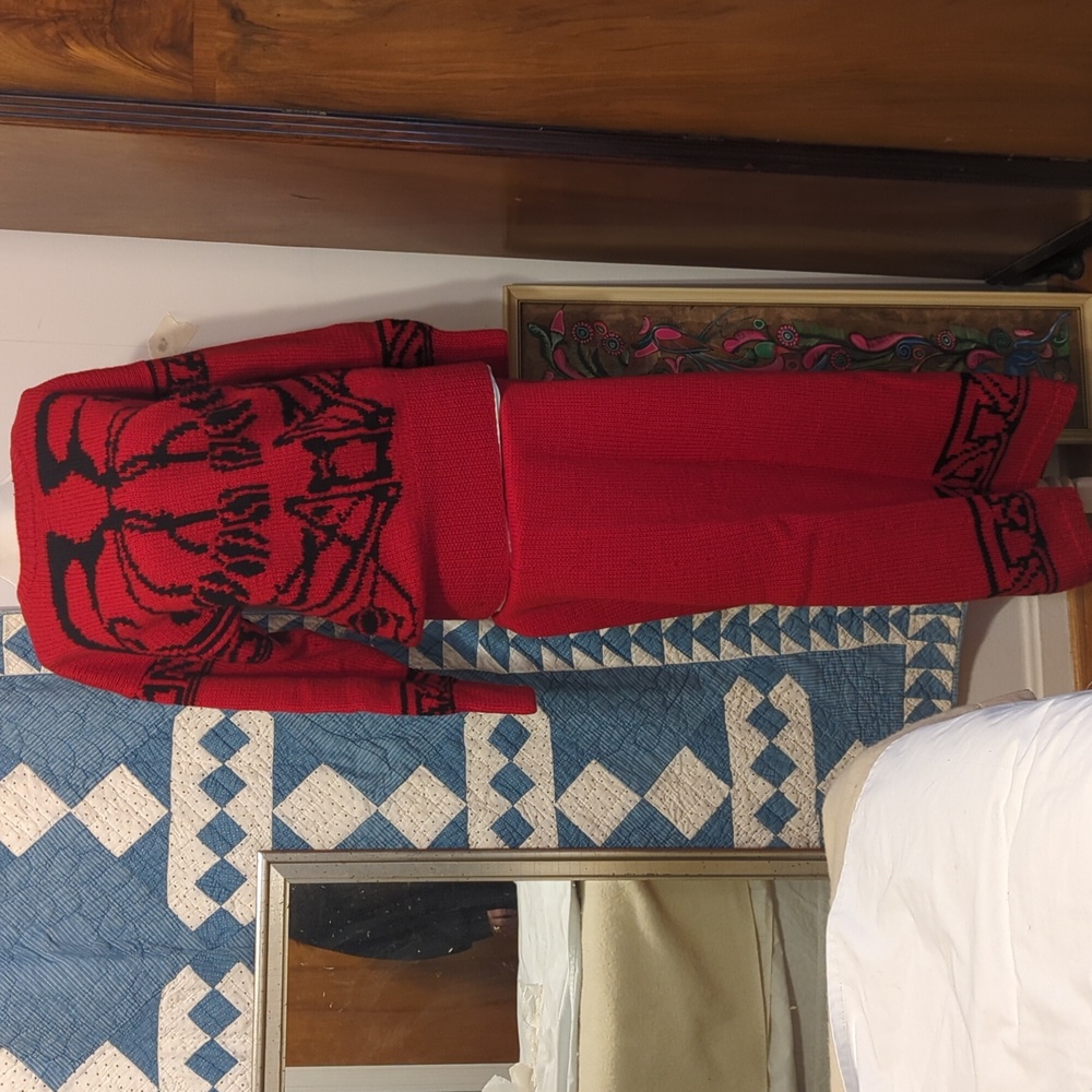 Vintage Needleworks Wool Red Sweater and Skirt Matching Set Outfit Hand Knitted